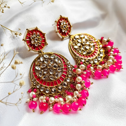 Siya Meenakari Chandbali Earrings- Hot Pink