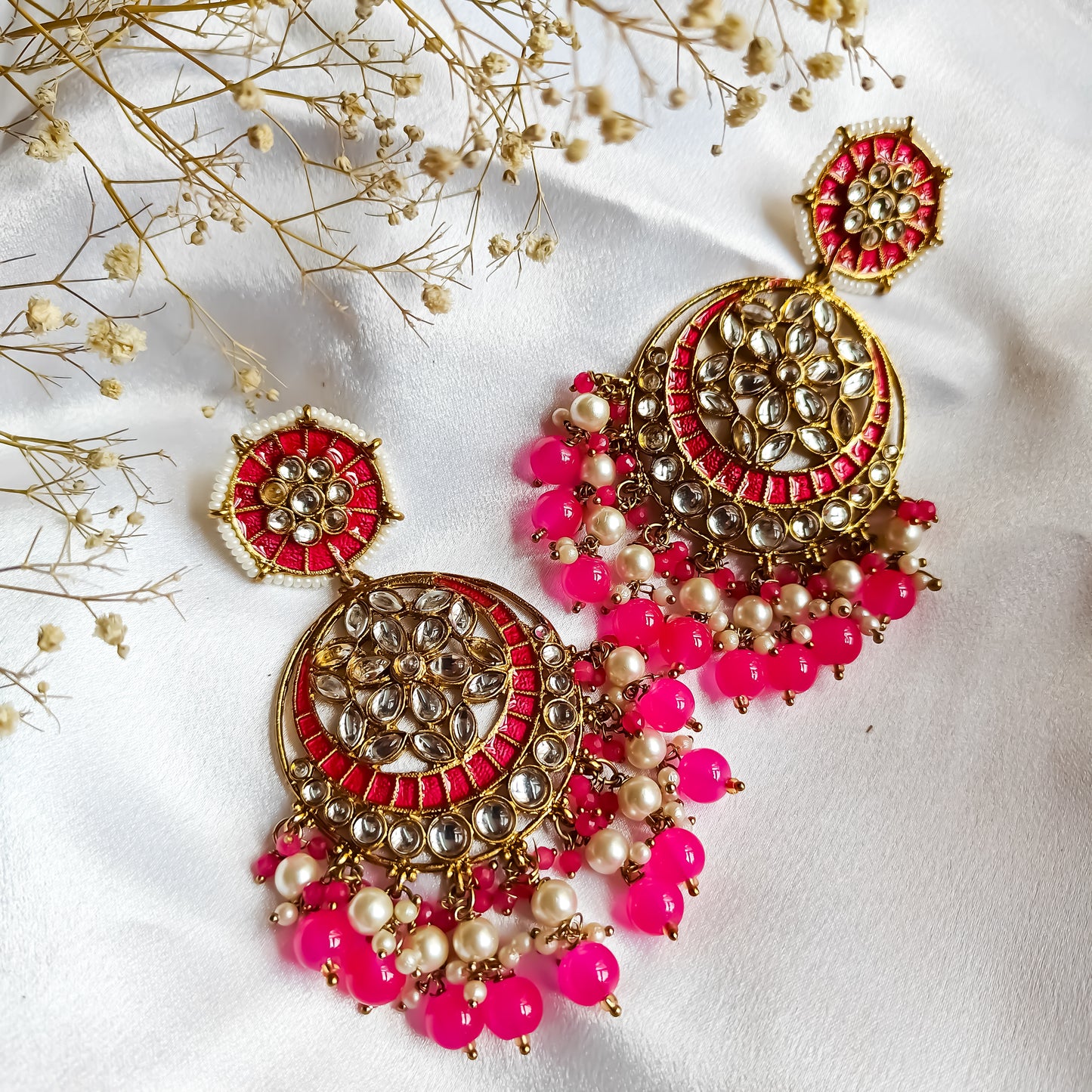 Siya Meenakari Chandbali Earrings- Hot Pink