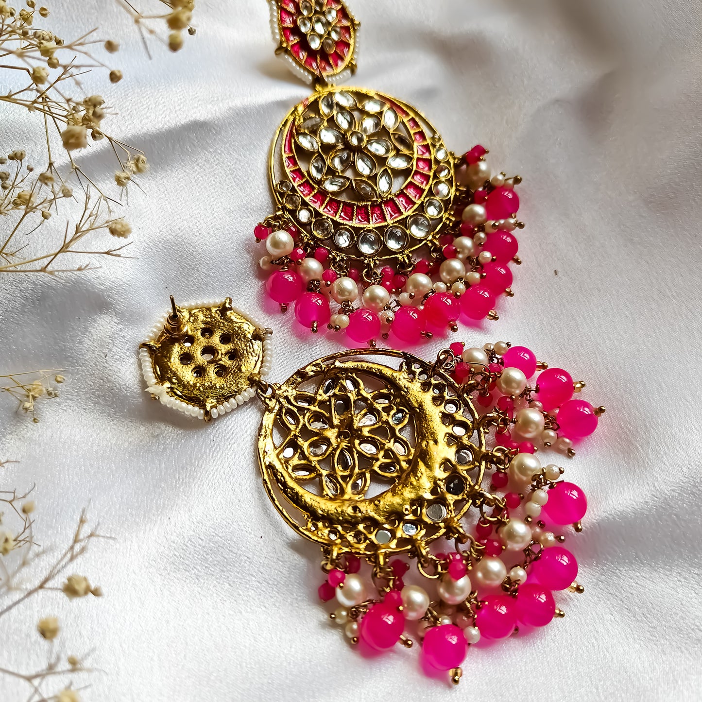 Siya Meenakari Chandbali Earrings- Hot Pink