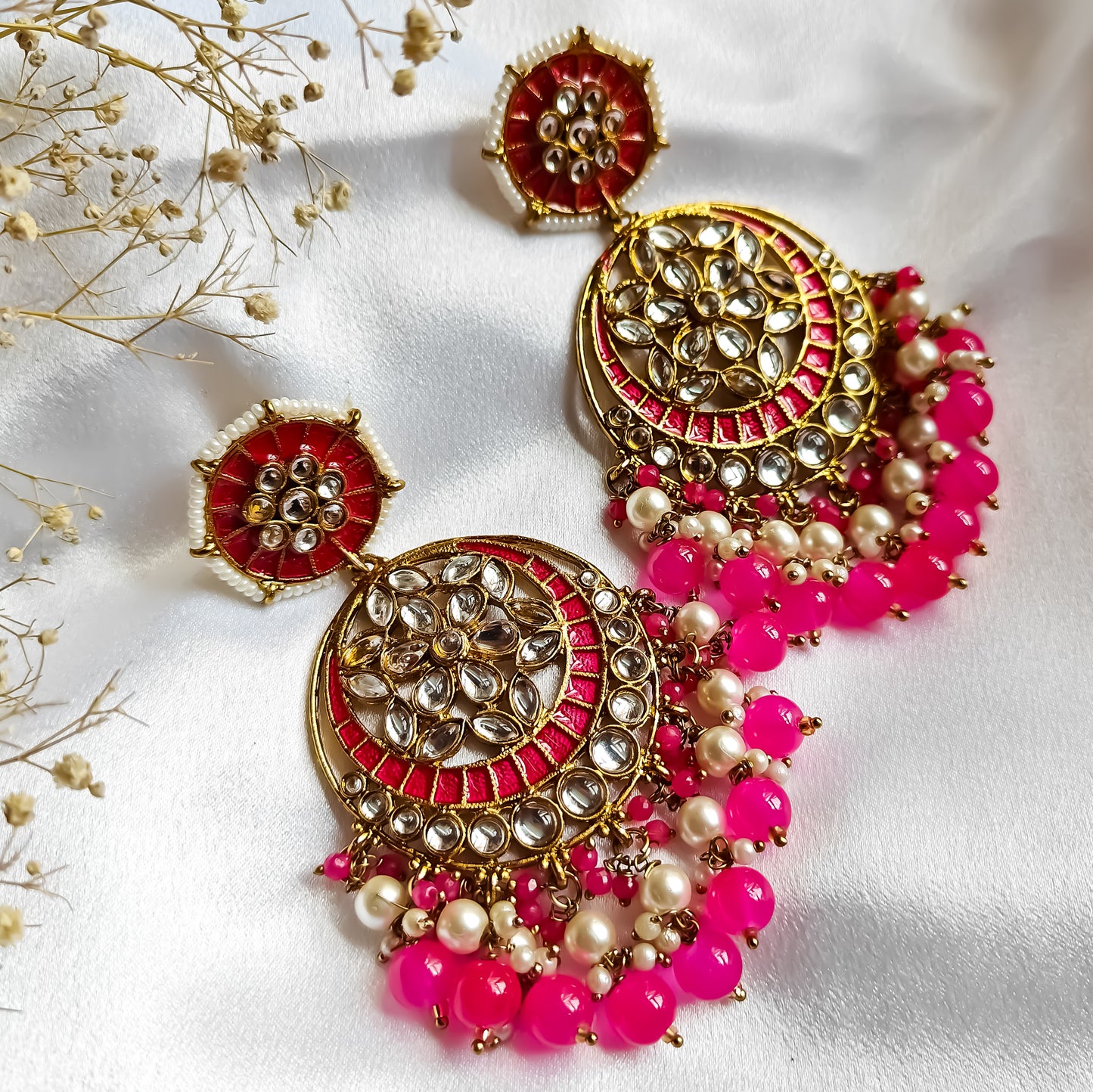 Siya Meenakari Chandbali Earrings- Hot Pink