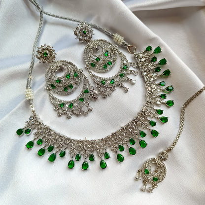Jeniffer (American Diamond) AD Necklace Set with Teeka & Chandbali Earrings - Green