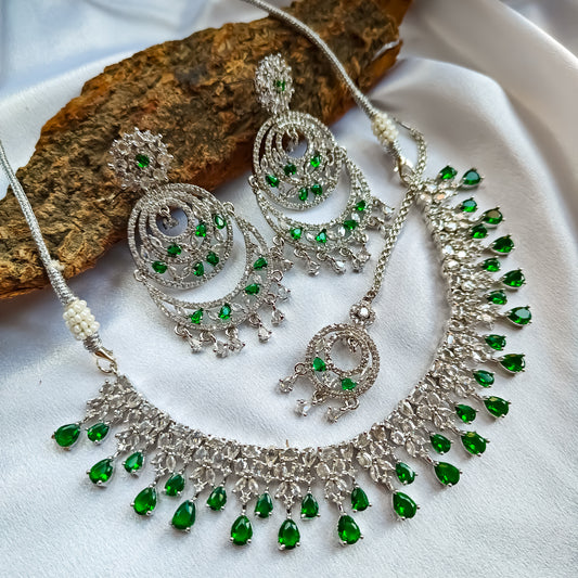 Jeniffer (American Diamond) AD Necklace Set with Teeka & Chandbali Earrings - Green