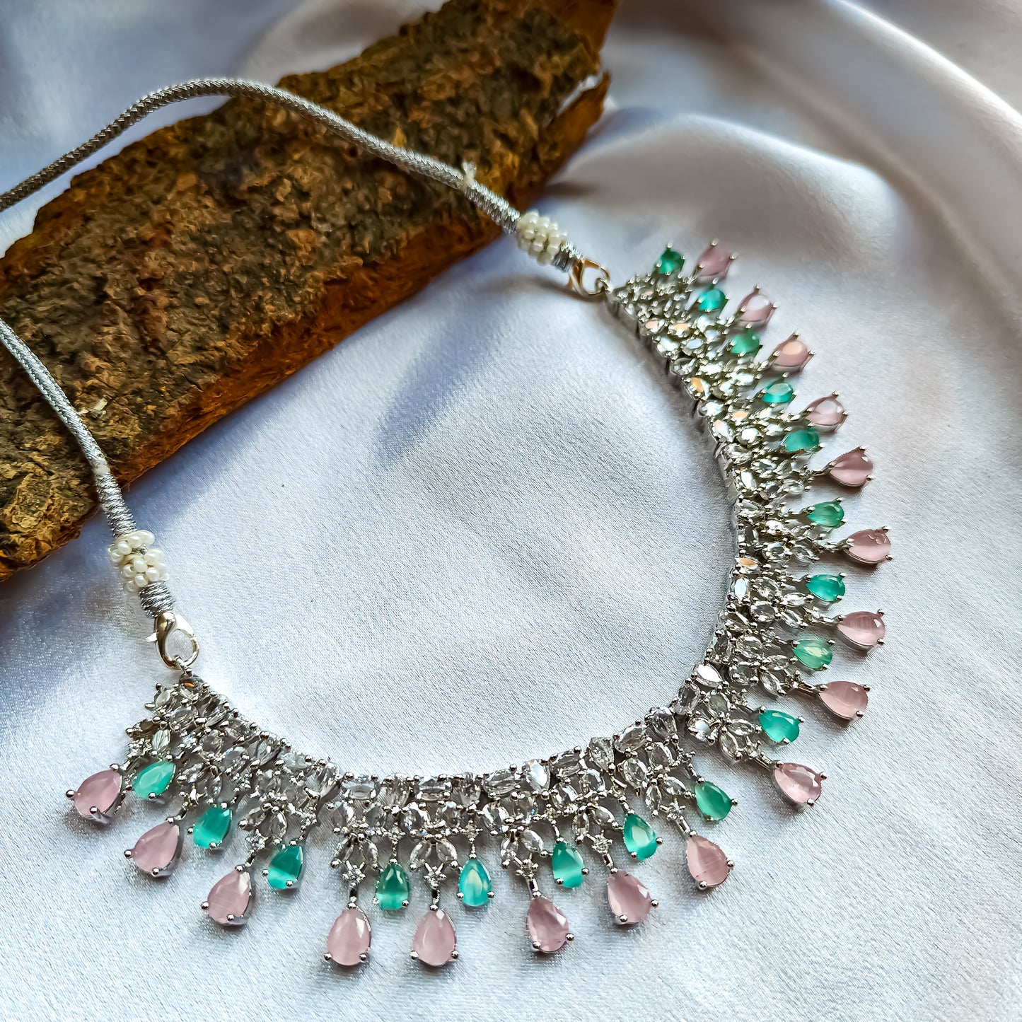 Jeniffer (American Diamond) AD Necklace Set with Teeka & Chandbali Earrings - Pastel Pink & Green