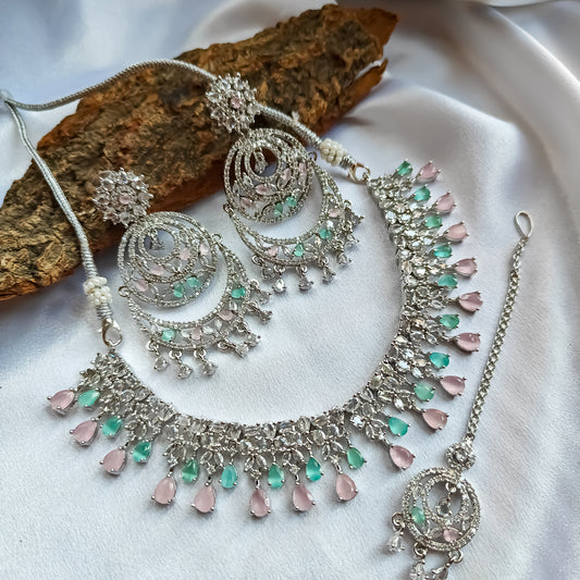 Jeniffer (American Diamond) AD Necklace Set with Teeka & Chandbali Earrings - Pastel Pink & Green