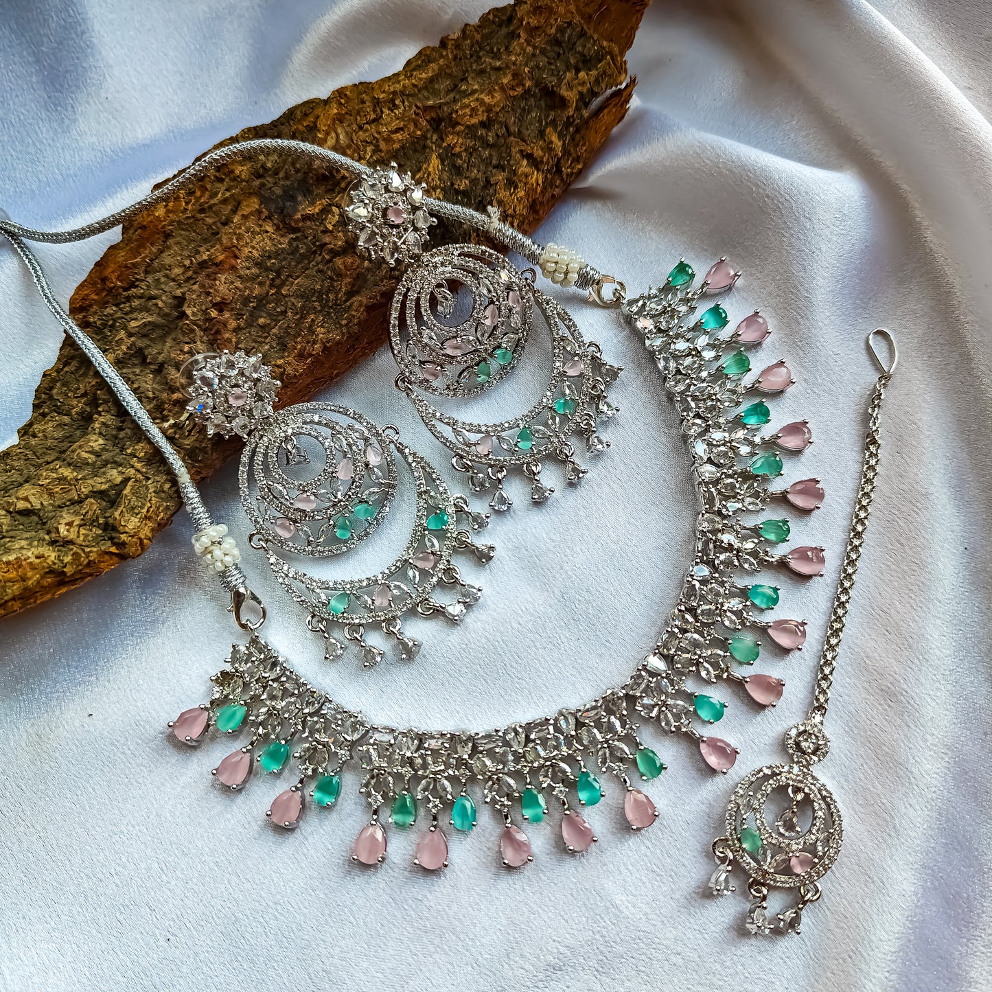 Jeniffer (American Diamond) AD Necklace Set with Teeka & Chandbali Earrings - Pastel Pink & Green