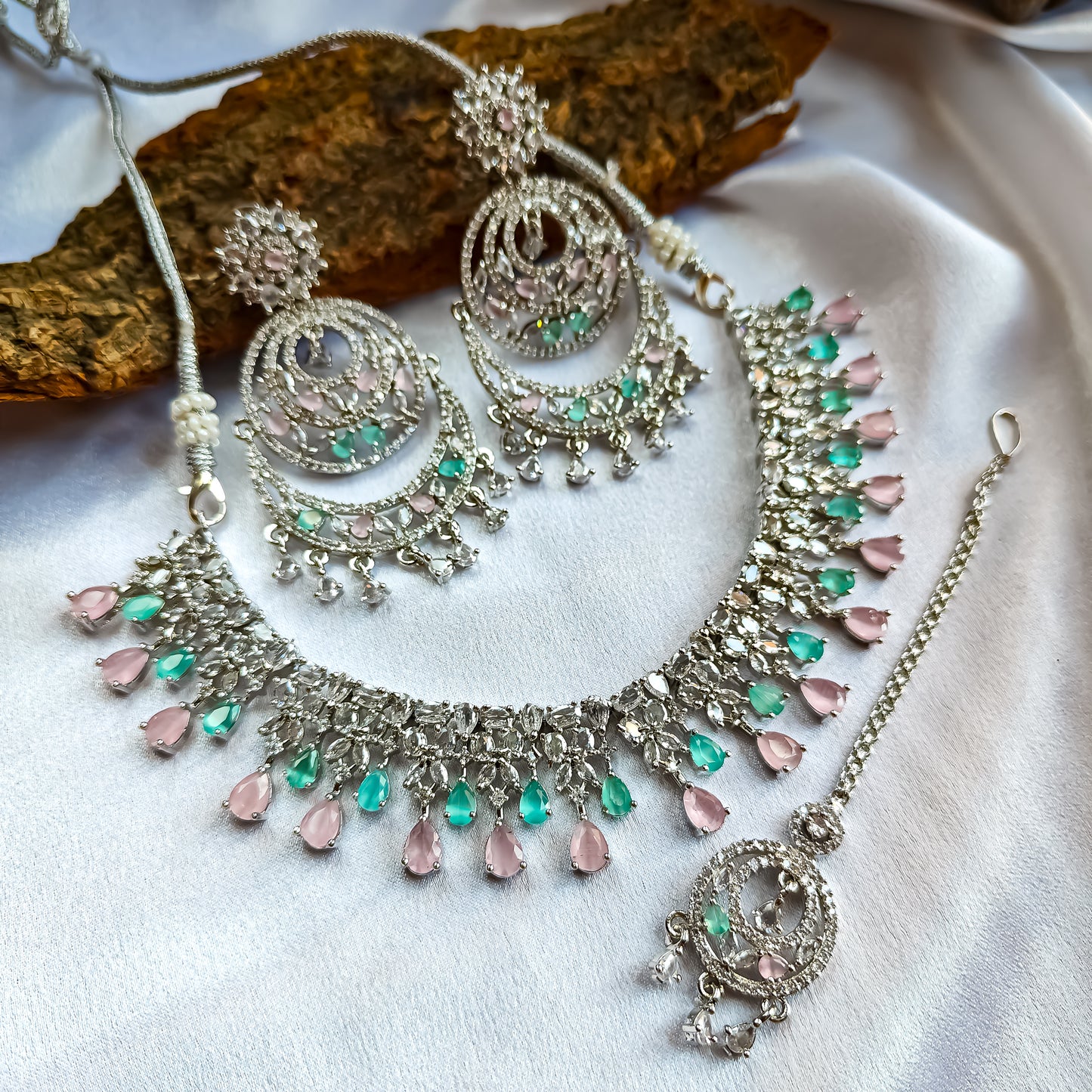 Jeniffer (American Diamond) AD Necklace Set with Teeka & Chandbali Earrings - Pastel Pink & Green