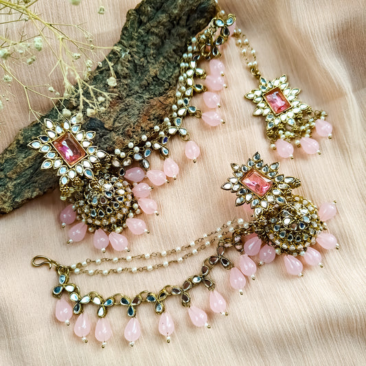 Manavi Mirror Jhumka with Teeka & Sahara- Baby Pink