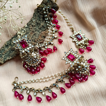 Manavi Mirror Jhumka with Teeka & Sahara- Hot Pink
