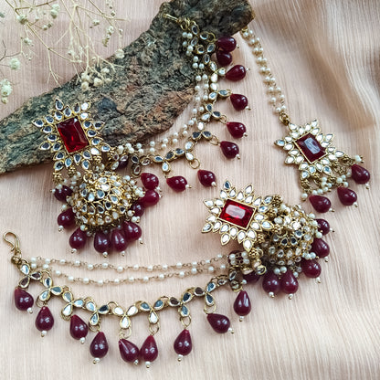 Manavi Mirror Jhumka with Teeka & Sahara- Maroon