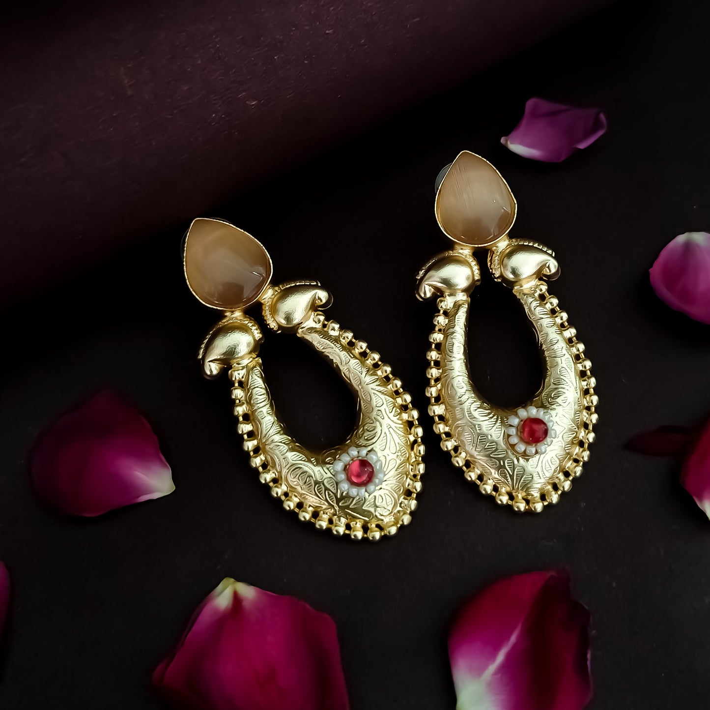 Tashi Handcrafted Brass Chandbali Earrings - Peach