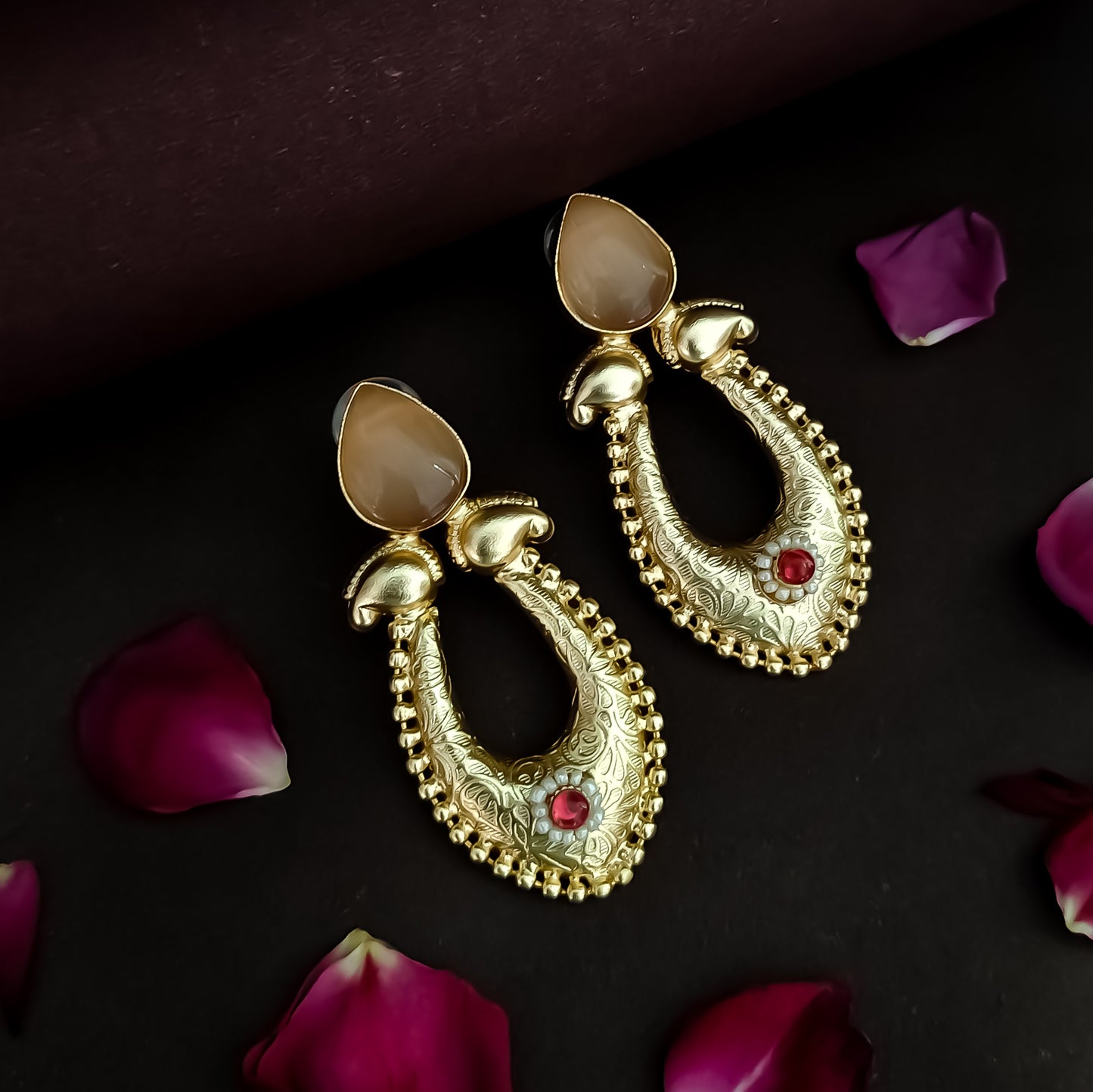 Tashi Handcrafted Brass Chandbali Earrings - Peach