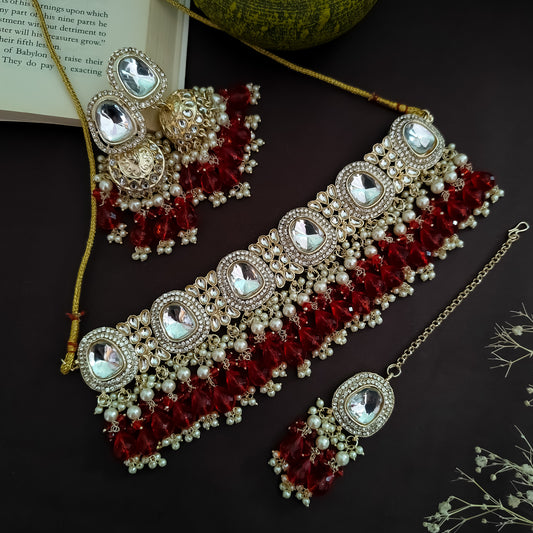 Anika Pearl Necklace Set - Red