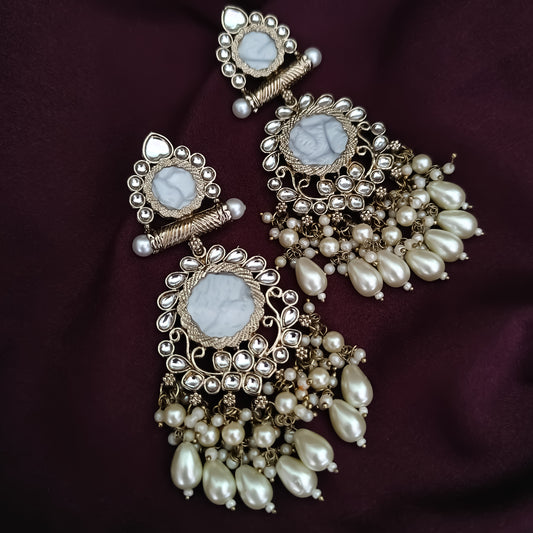 Shravani Golden Pearl Chandbali Earrings