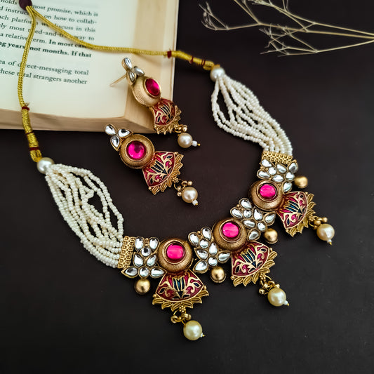 Latika Meenakari Kundan Necklace Set- Pink