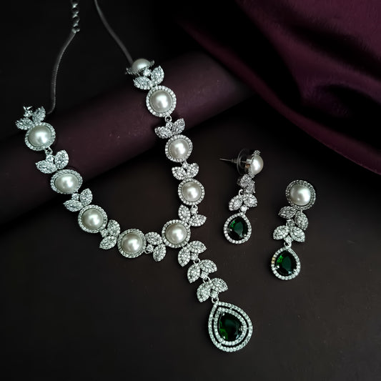 Lisha American Diamond Necklace Set - Emerald Green