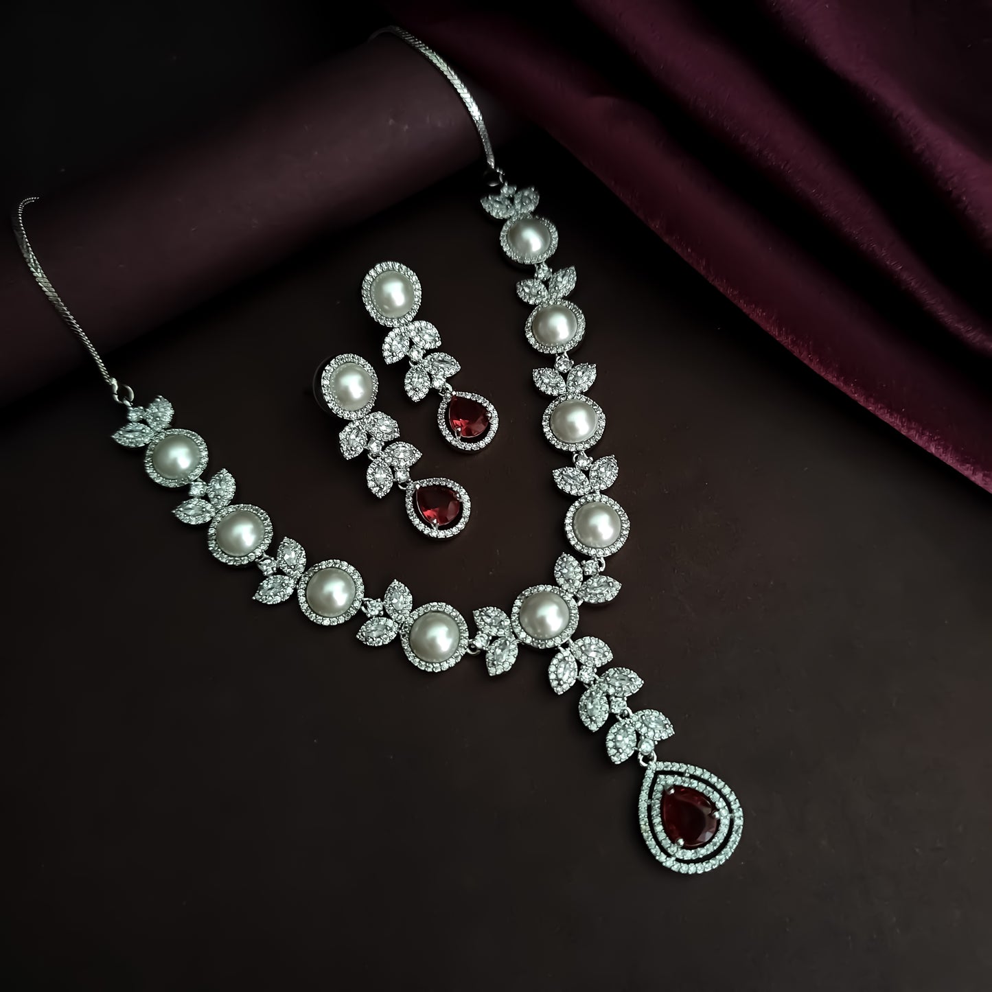 Lisha American Diamond Necklace Set - Ruby Red
