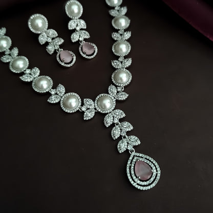 Lisha American Diamond Necklace Set - Pastel Pink