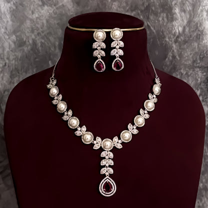 Lisha American Diamond Necklace Set - Ruby Red