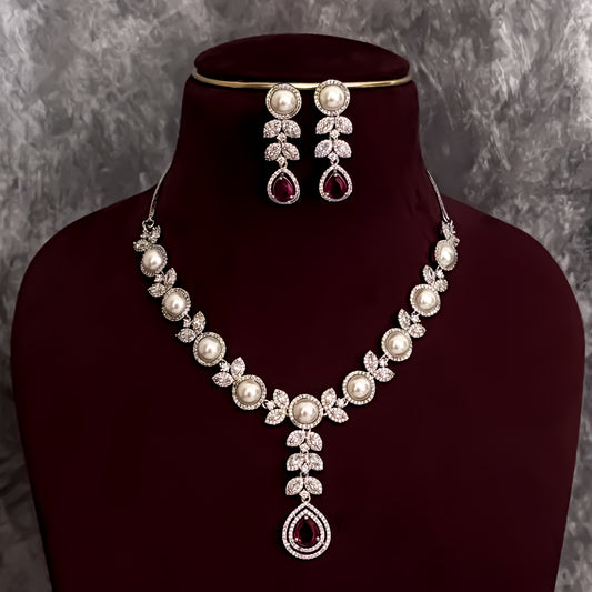 Lisha American Diamond Necklace Set - Ruby Red