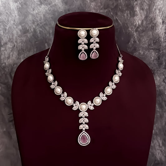 Lisha American Diamond Necklace Set - Pastel Pink