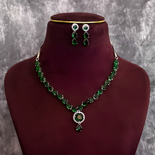 Eloise American Diamond Necklace Set- Emerald Green