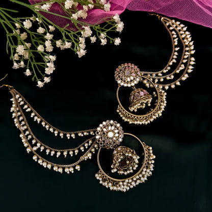 Jhilmil Mirror Chandbali Earrings with Detachable Sahara/Earchains - Golden