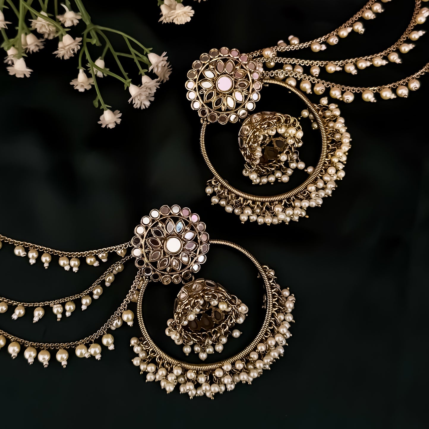 Jhilmil Mirror Chandbali Earrings with Detachable Sahara/Earchains - Golden