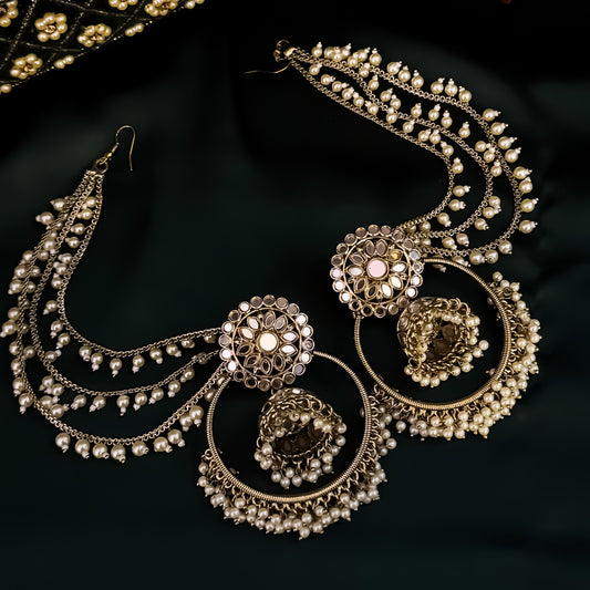 Jhilmil Mirror Chandbali Earrings with Detachable Sahara/Earchains - Golden