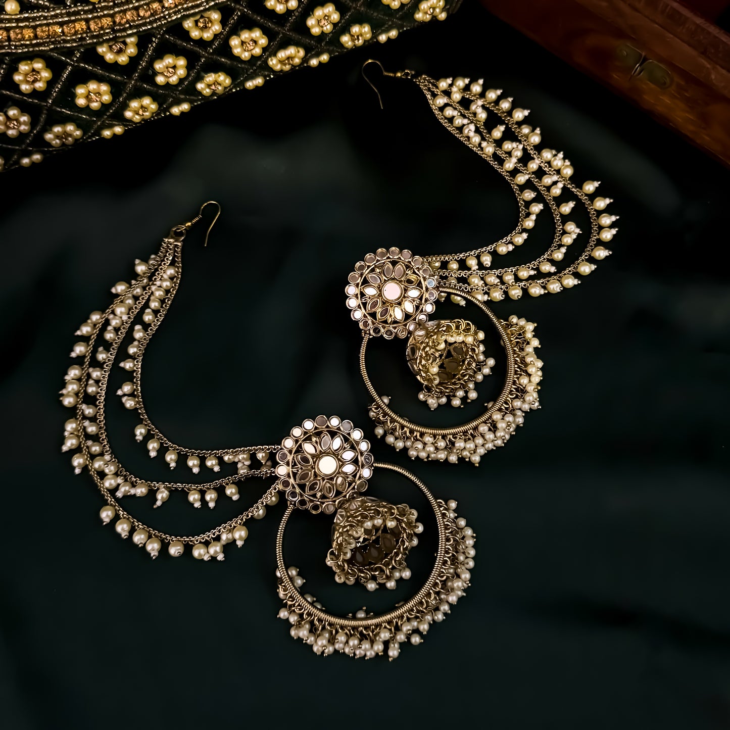 Jhilmil Mirror Chandbali Earrings with Detachable Sahara/Earchains - Golden