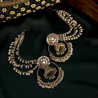 Jhilmil Mirror Chandbali Earrings with Detachable Sahara/Earchains - Golden