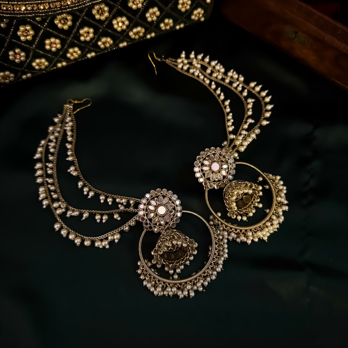 Jhilmil Mirror Chandbali Earrings with Detachable Sahara/Earchains - Golden