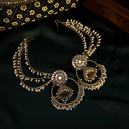 Jhilmil Mirror Chandbali Earrings with Detachable Sahara/Earchains - Golden