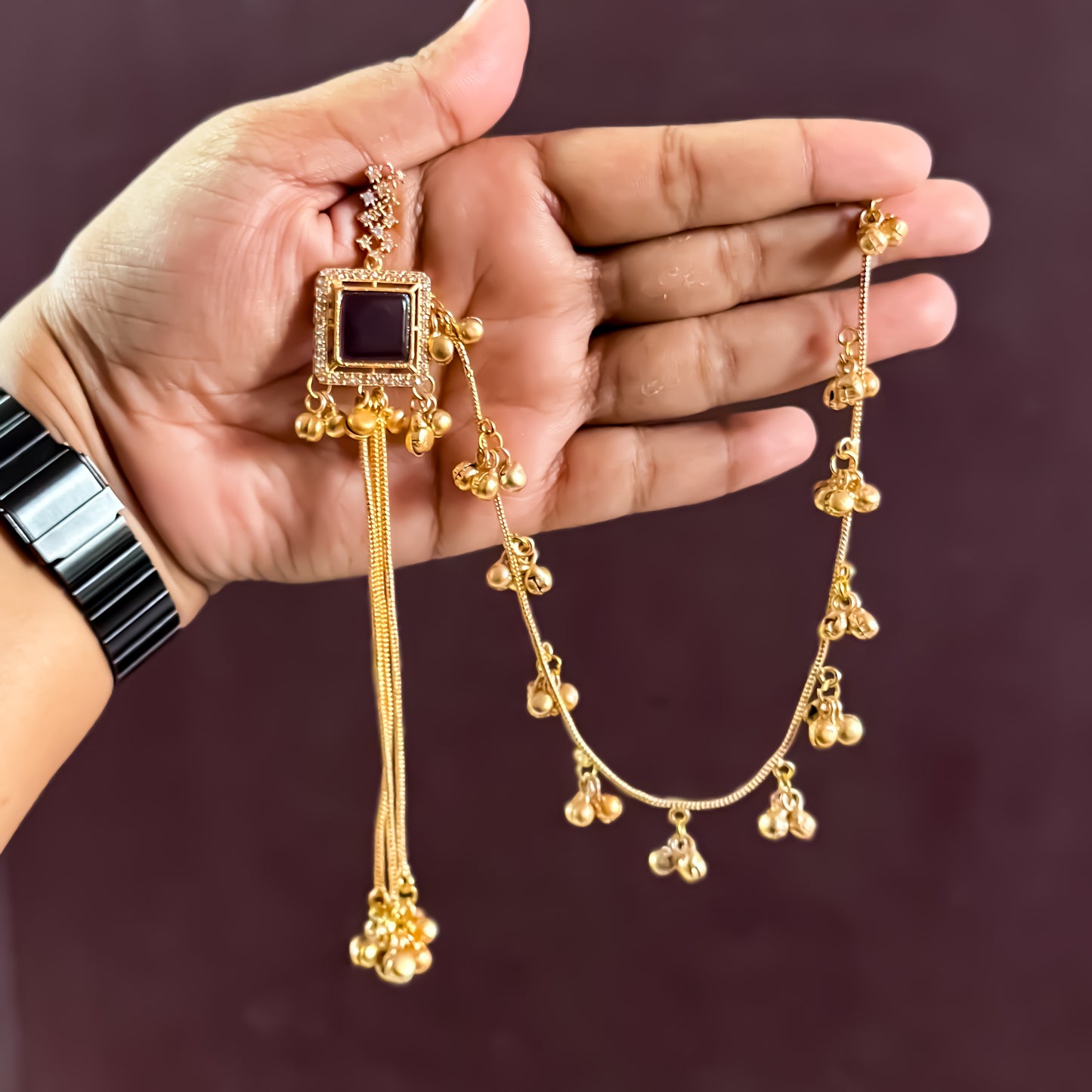 Shazia Premium Golden & Purple Brass Kashmiri Jhumka Earrings with Sahara/Earchains