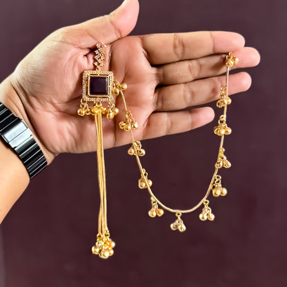 Shazia Premium Golden & Purple Brass Kashmiri Jhumka Earrings with Sahara/Earchains