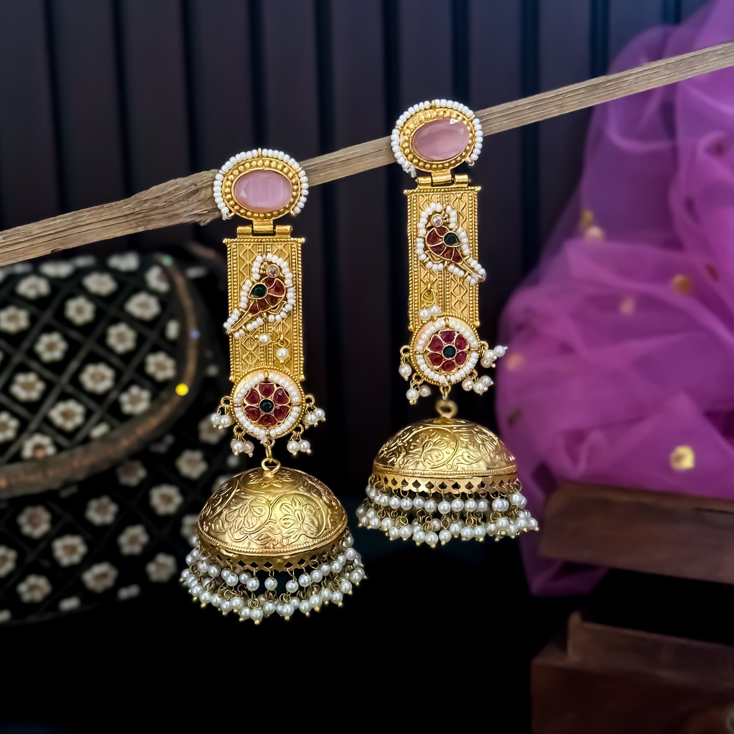 Samaira Kashmiri Brass Jhumka Earrings - Pastel Pink