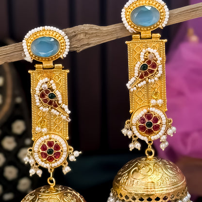 Samaira Kashmiri Brass Jhumka Earrings - Turquoise