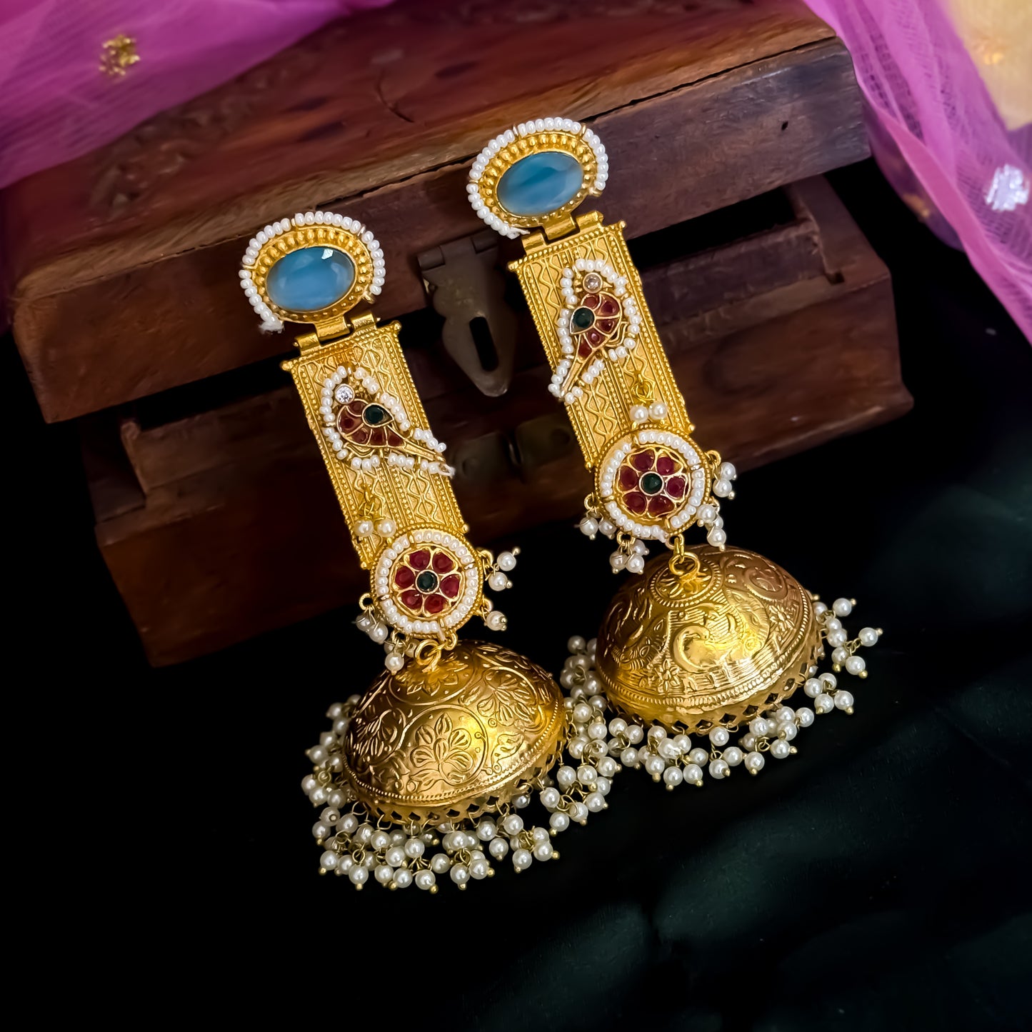 Samaira Kashmiri Brass Jhumka Earrings - Turquoise
