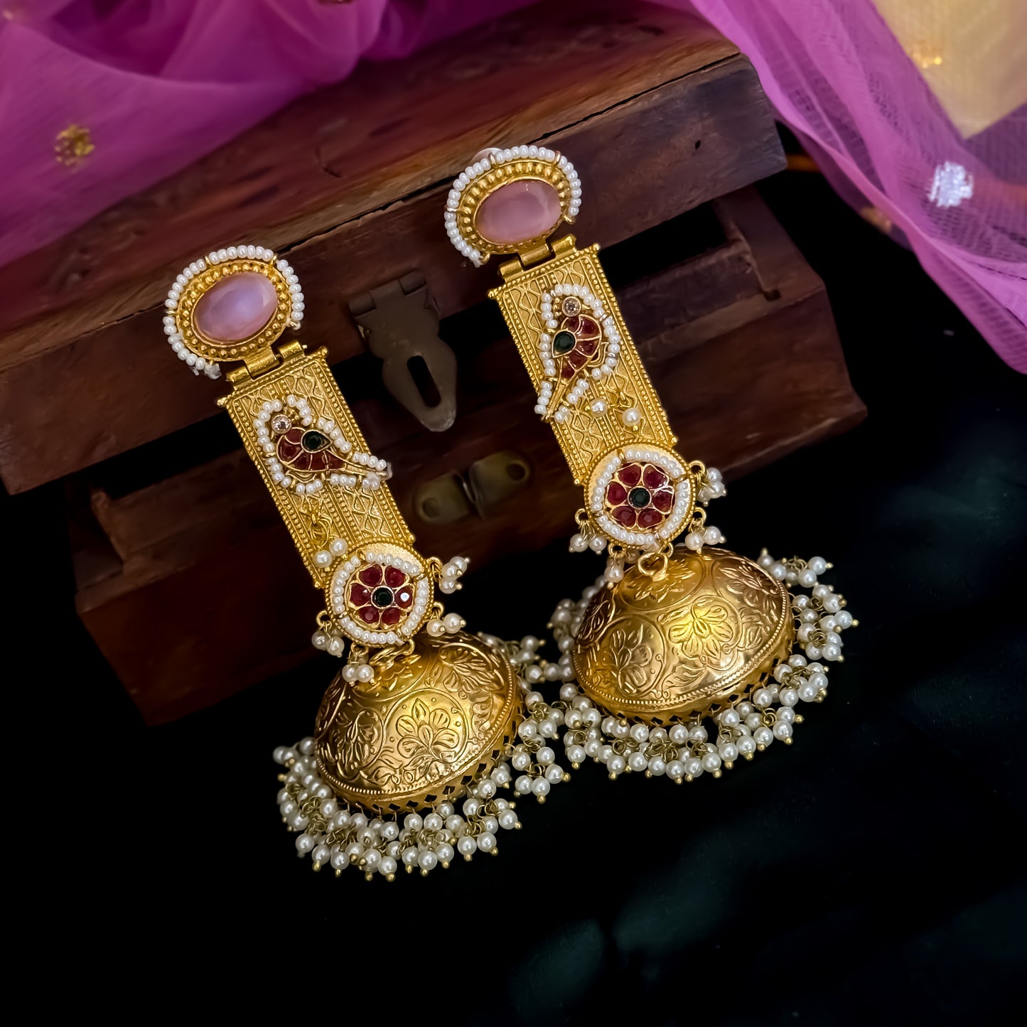 Samaira Kashmiri Brass Jhumka Earrings - Pastel Pink