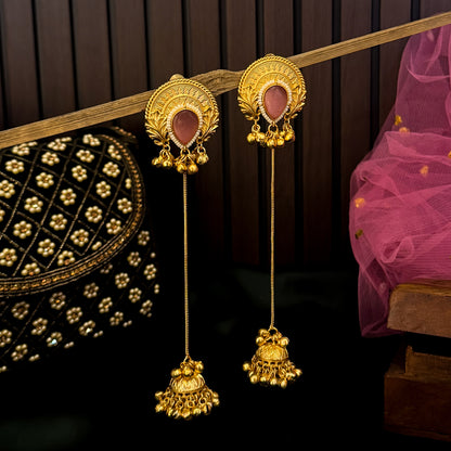 Vainika Kashmiri Brass Dejhoor Ghungroo Jhumka Earrings - Pastel Pink
