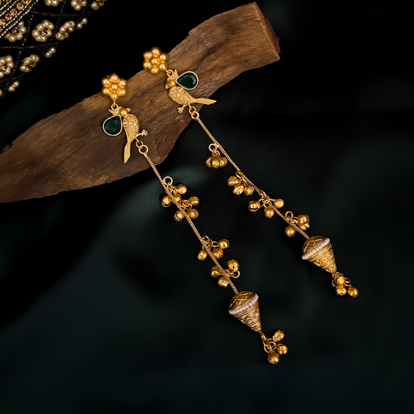 Edha Peacock Kashmiri Brass Dejhoor Ghungroo Jhumka Earrings - Golden