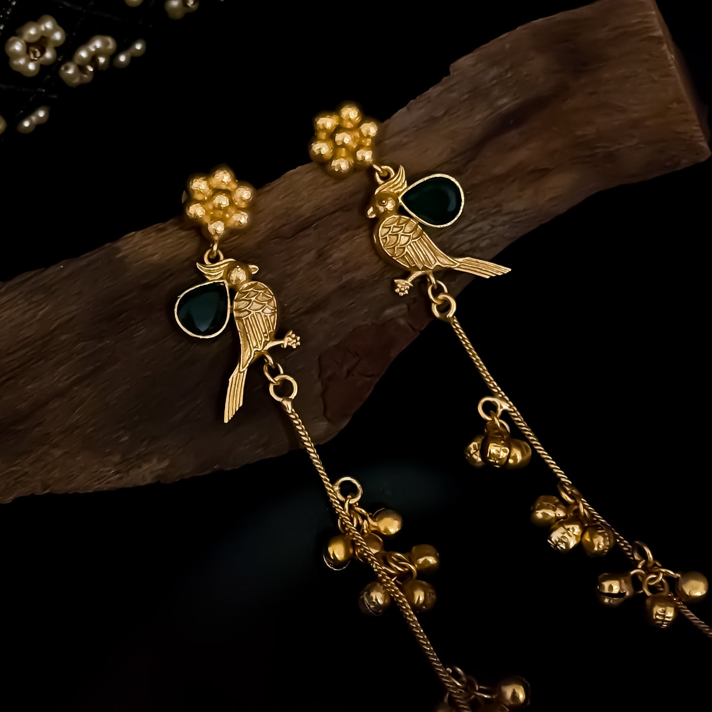 Edha Peacock Kashmiri Brass Dejhoor Ghungroo Jhumka Earrings - Golden