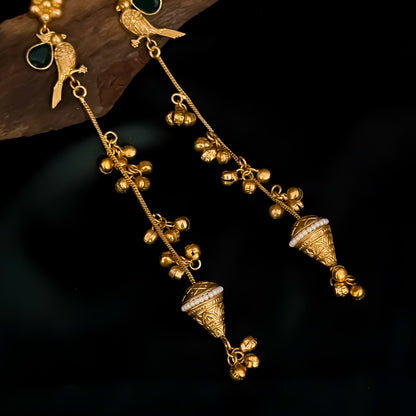 Edha Peacock Kashmiri Brass Dejhoor Ghungroo Jhumka Earrings - Golden
