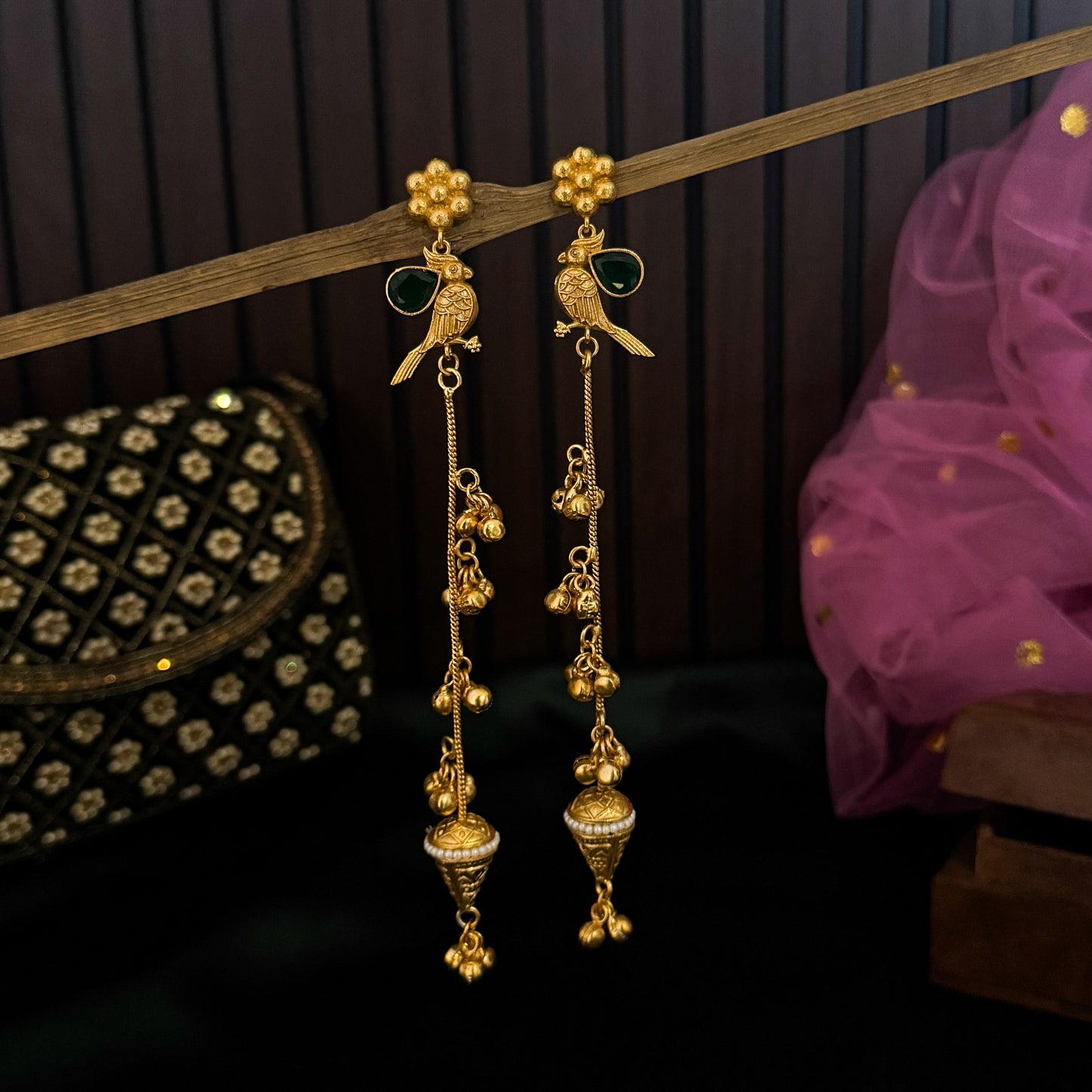 Edha Peacock Kashmiri Brass Dejhoor Ghungroo Jhumka Earrings - Golden