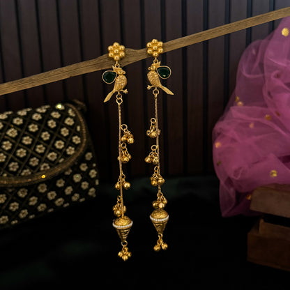 Edha Peacock Kashmiri Brass Dejhoor Ghungroo Jhumka Earrings - Golden