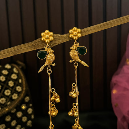 Edha Peacock Kashmiri Brass Dejhoor Ghungroo Jhumka Earrings - Golden