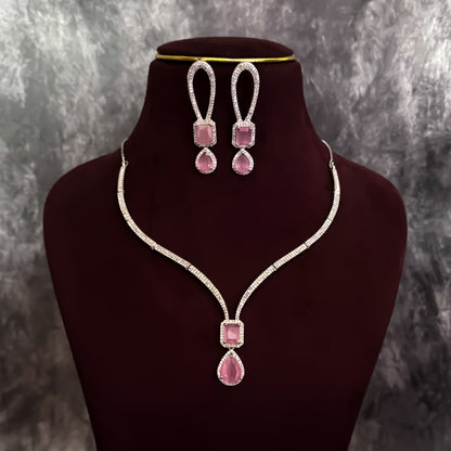Deepika Inspired AD Necklace Set - Pastel Pink