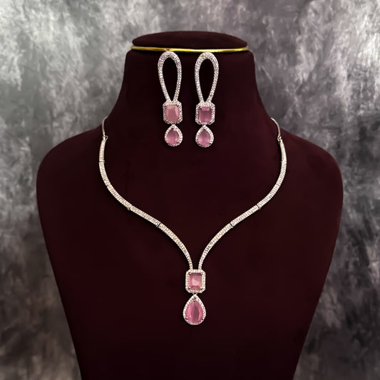 Deepika Inspired AD Necklace Set - Pastel Pink