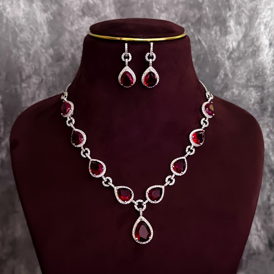 Kristine Premium American Diamond Necklace Set- Red