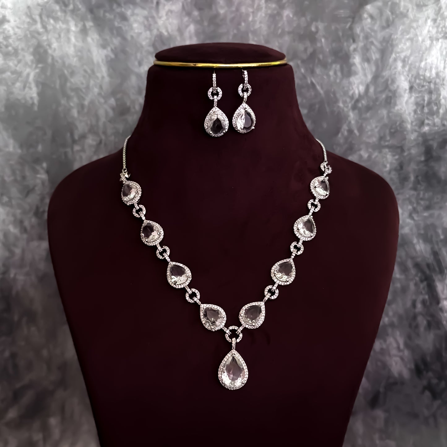 Kristine Premium American Diamond Necklace Set- Crystal White