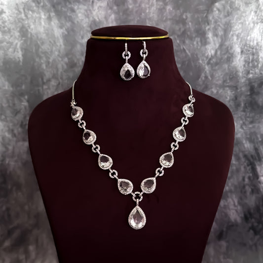 Kristine Premium American Diamond Necklace Set- Crystal White